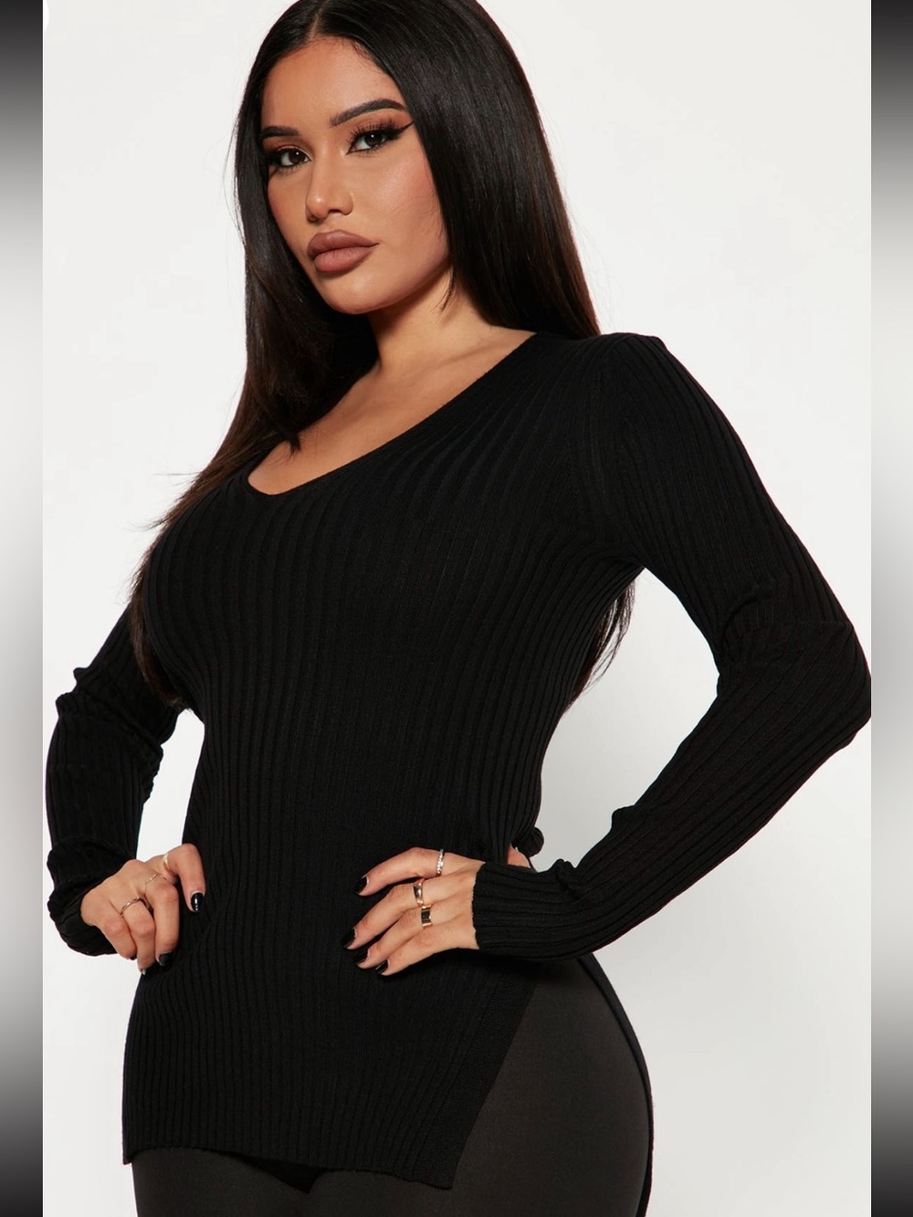 Fashion Nova Black Ribbed V-Neck Sweater